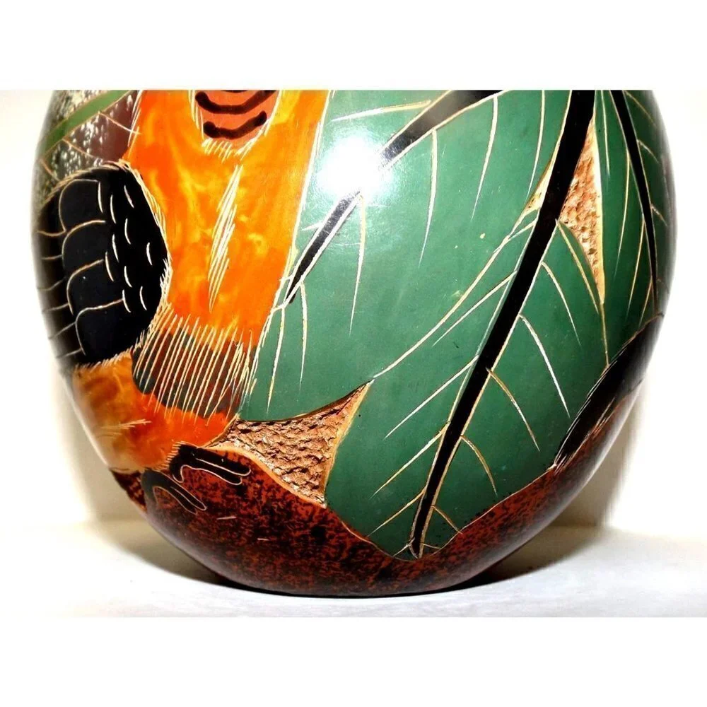 Hand Made South American Round Pottery Vase Signed Jungle Animals 7